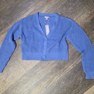 FLORENCE BY MILLS Blue Bright Side Cropped Knit Cardigan Sweater V-Neck XS NWT